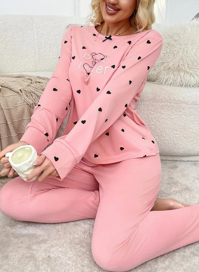 Take Two pink Love-Heart Graphic Printed T-Shirt and Pyjama Set for Women | Best Price UAE